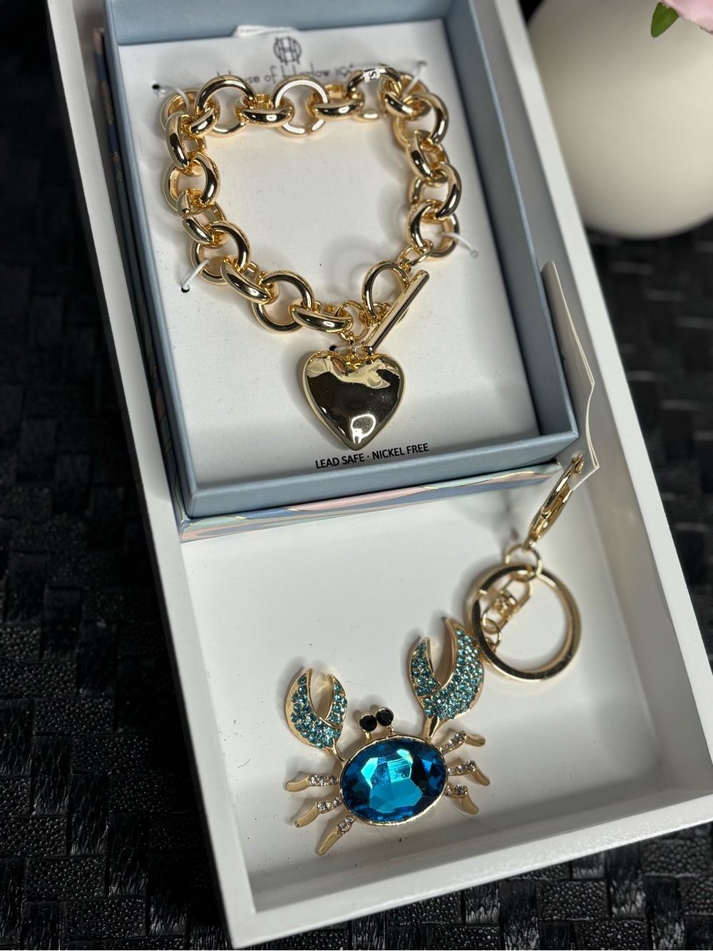 House of Harlow Heart Charm Bracelet and Crystal Crab Key/Bag Charm Set NWT